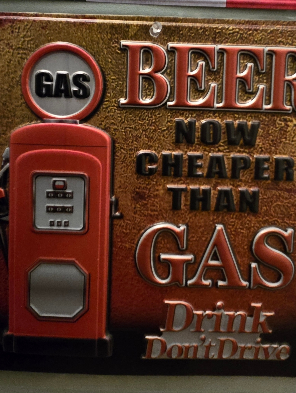 Retro Red Gas Pump Wall Sign - Beer Now Cheaper Than Gas